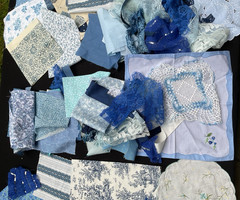 Fabric Scrap Bundle Blue Junk Journal Slow Stitch Lace Embroidery Sewing Vintage