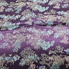 Deep Purple Satin Oriental Asian Fabric Piece ~56″ X ~33″ Village Trees Flowers