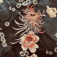 VTG Chinese Floral Brocade Fabric Black Background Shou Symbol Chrysanthemum 2yd