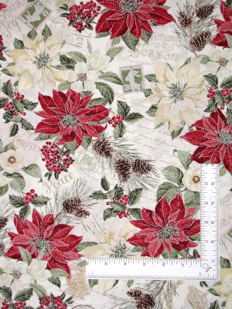 Christmas Poinsettia Fabric By The Yard Pine Silver Accent Cotton by Hi Fashion