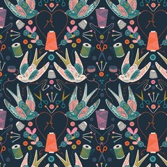 COUNTRY SEWING CLUB ~ Stitch & Song ~ Birds on Navy Blue ~ Thread & Ink Designs