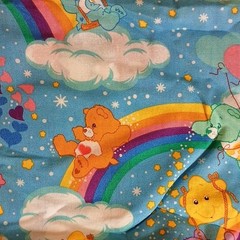 Care Bears Cartoon Print Fabric Blue Rainbow Clouds 44″ W x 89″ L NWOT Vintage