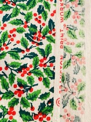 Small Green Holly Red Berries on White VTG Fabric Cranston 3Y x 44″W