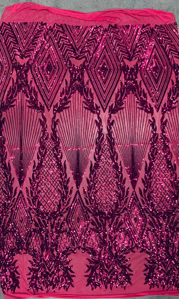 Francesca DARK PINK Vines and Diamonds Pattern Sequins on Dark Pink Mesh Lace F