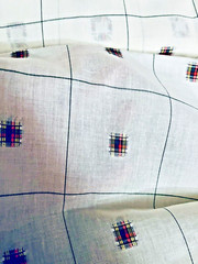 VTG Woven Red Green Yellow Plaid Squares on White Semi Sheer BTHY 60″ X 18″