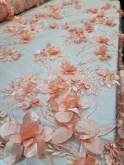 “Dusty Rose 3D Floral Beaded Lace Fabric – Sold by the Yard, Ideal for Prom and