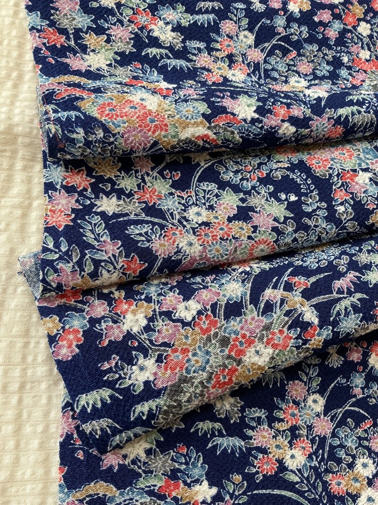 Vintage Japanese kimono silk fabric Chirimen/ navy blue, fans OT14