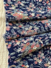 Vintage Japanese kimono silk fabric Chirimen/ navy blue, fans OT14