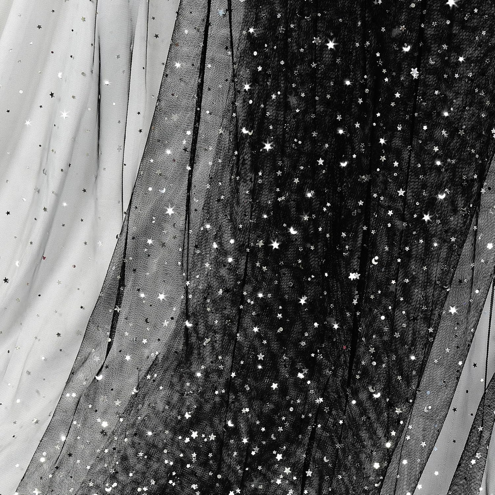 Black Glitter Tulle Fabric Roll with Star Moon Sequins, 1 Yard x 54 Inch