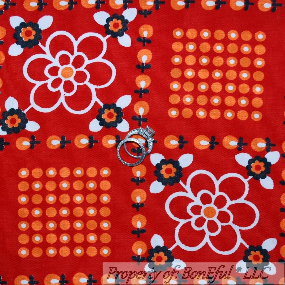 BonEful Fabric FQ Cotton Woven Red White Orange VTG Hippie Block Check Decor Dot