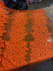 ORANGE peacock sequin gem beaded mesh, Gowns lingerie fabric SOLD BY THE PANEL