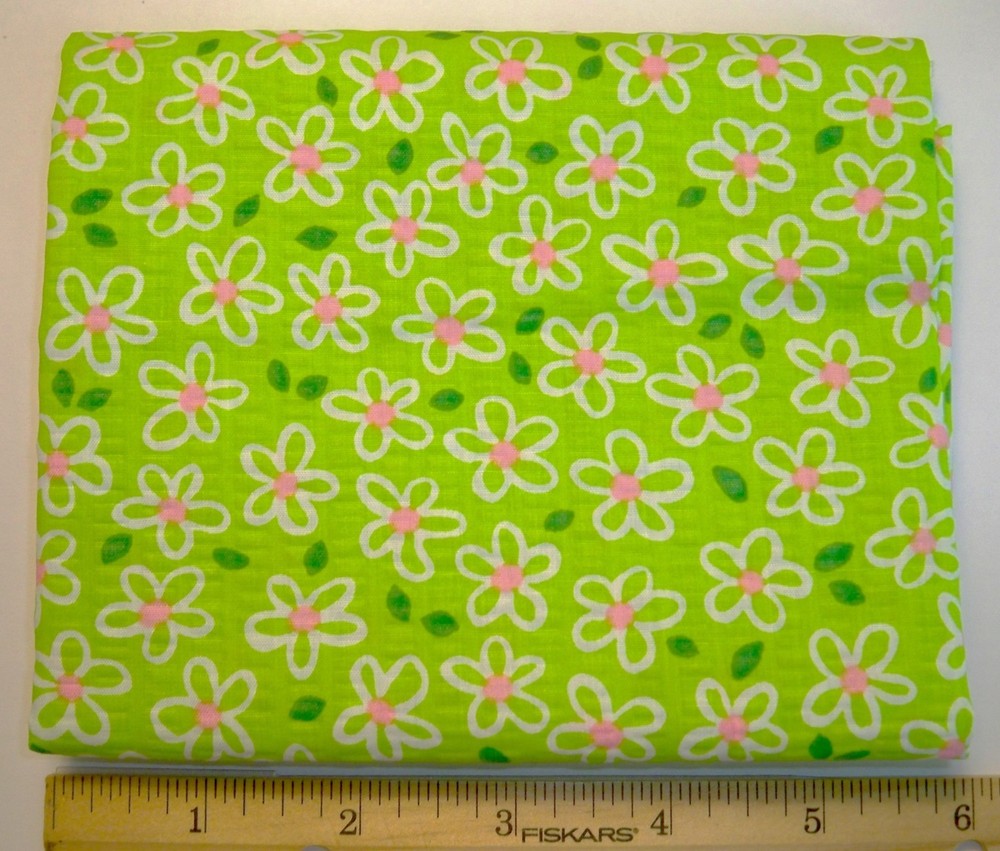 Joann Fabrics White Flowers With Pink on Green Seersucker Fat Quarter