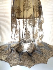 Brianna GOLD Polyester Floral Embroidery with Sequins on BLACK Mesh Lace Fabric