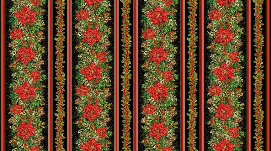 Christmas Fabric | Joyful Poinsettia Border Stripe | Timeless Treasures YARD