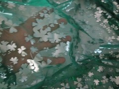 Green and Silver Sharmrock Print on Green Mesh Fabric 60 W x 2 yd AS IS Damaged