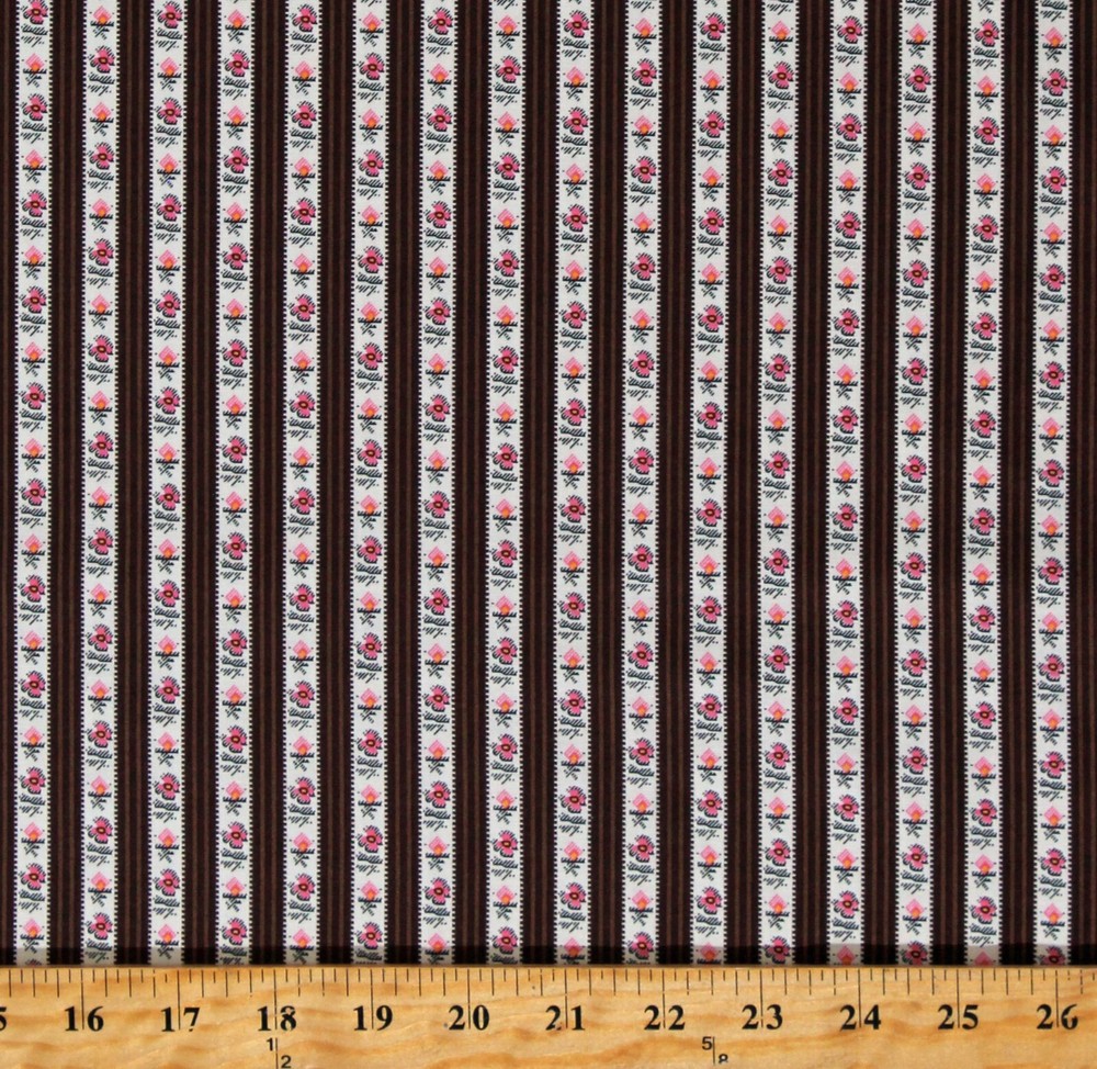 Cotton Floral Stripes Brown Petite Perennials Fabric Print by Yard D140.01