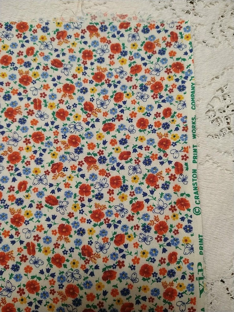 Vintge Cranston Tiny Butterflies Red Blue Yellow Floral Cotton Fabric BTFQ 18×22