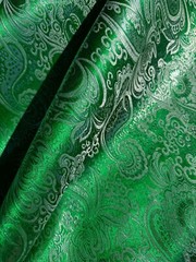 Emerald Green & Silver Paisley – Faux Silk Brocade Jacquard Fabric