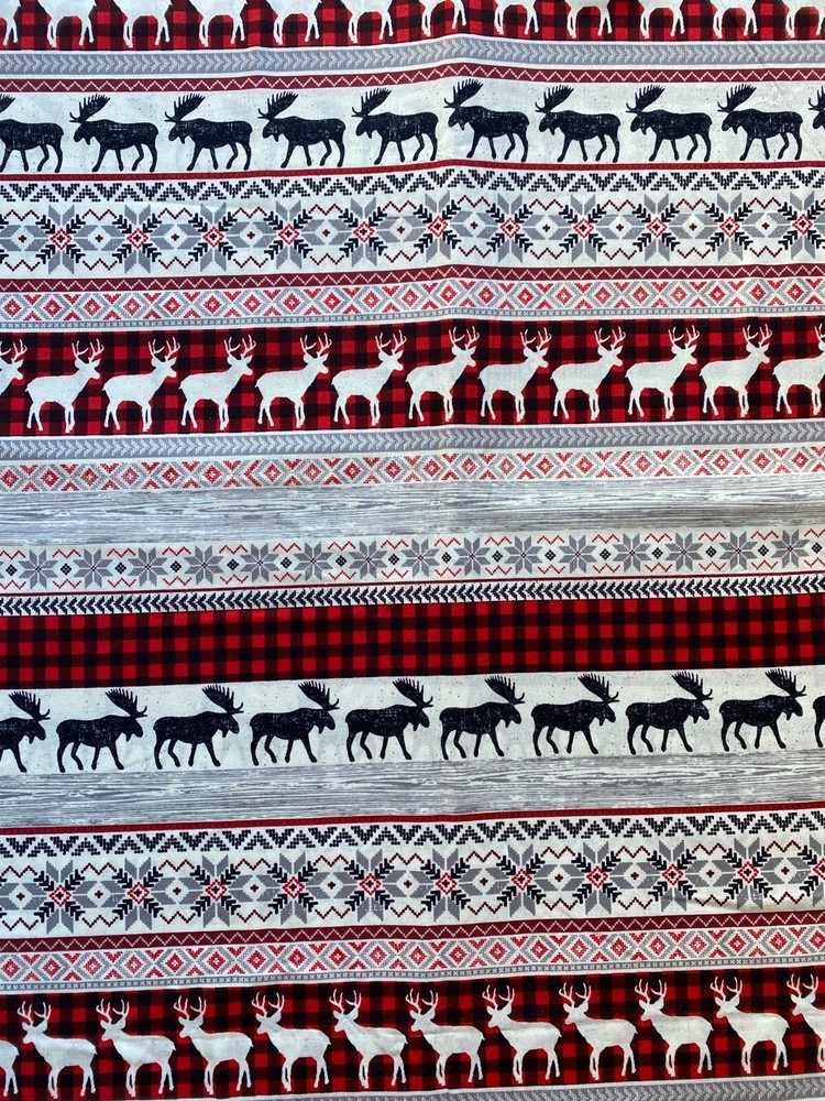 JO-ANN FABRIC~Norwegian Rustic Check~XMAS~RedGrayBlk~MOOSE~BUCK~DEER~Stripe Rows