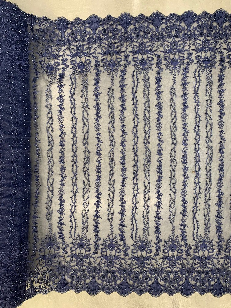 Daphne NAVY BLUE Faux Pearls Beaded Flowers and Vines Lace Embroidery on Mesh F
