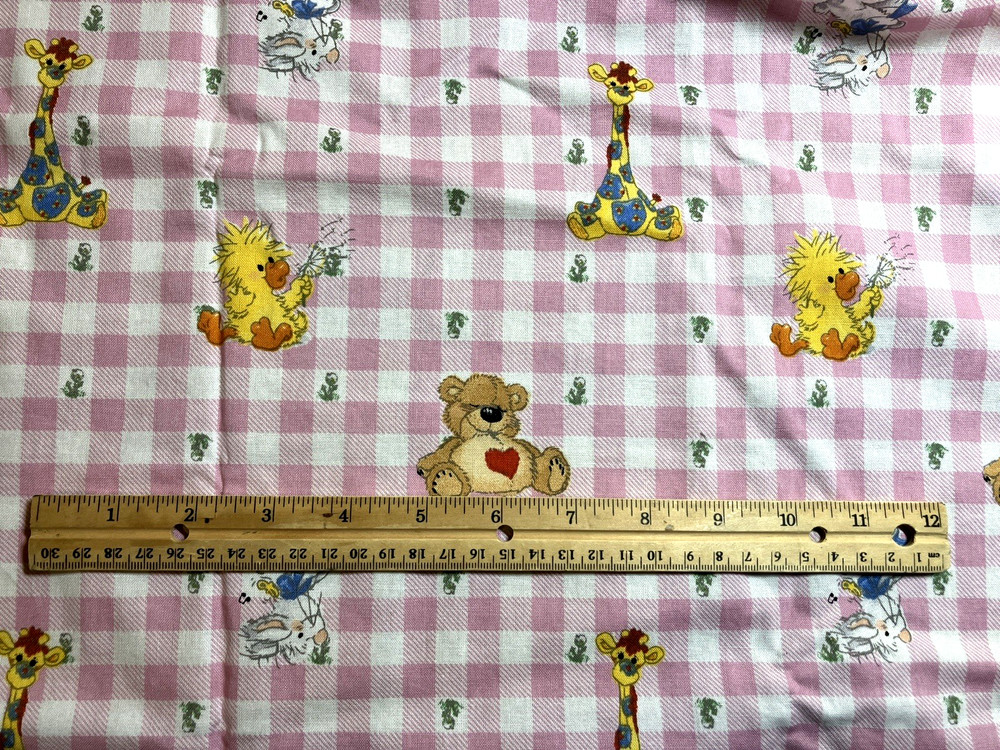 Little Suzy’s Zoo Cotton Fabric Pink Gingham Bunny Chick Bear Giraffe, 1 Yard