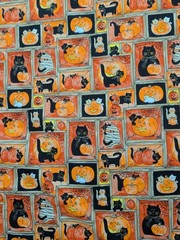 Vintage Retro Style Halloween Orange Black Pumpkin Cat Mummy Fabric 3.5 Yards