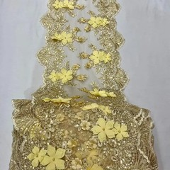 Gold Beaded Lace Table Runner – Luxury 3D Embroidered Lace with Pearls & Sequins