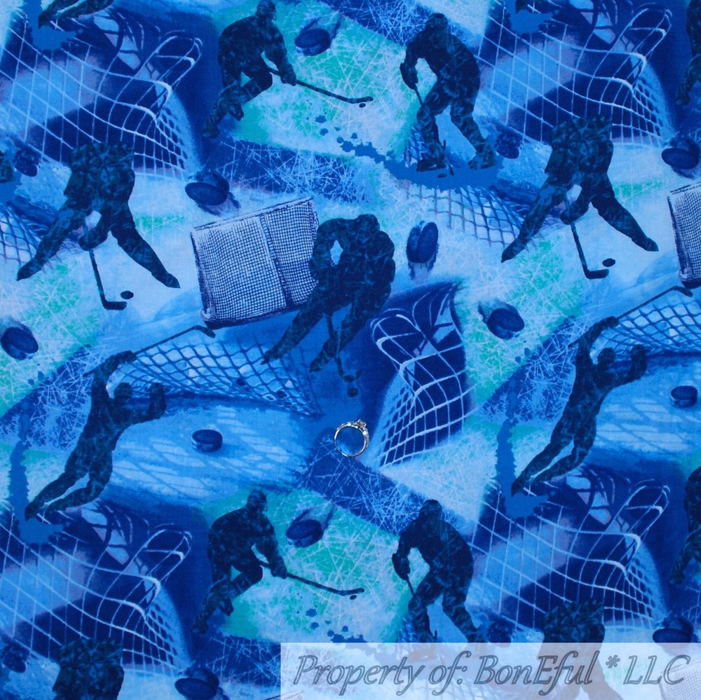 BonEful FABRIC FQ Cotton Quilt Blue Tonal Ice Hockey NHL Sport Mask L Boy School