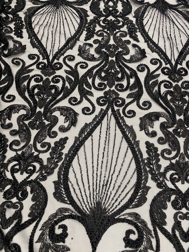 Black Beaded Lace Fabric on Mesh – Luxury Sequin Embroidered Fabric