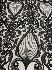 Black Beaded Lace Fabric on Mesh – Luxury Sequin Embroidered Fabric