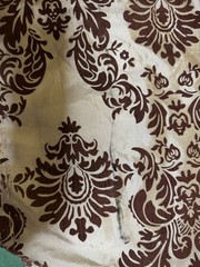 Vintage 1.5 YARDS+ Elegant Beige & Brown FLOCKED Fleur de Lis FABRIC 25″ x 59″