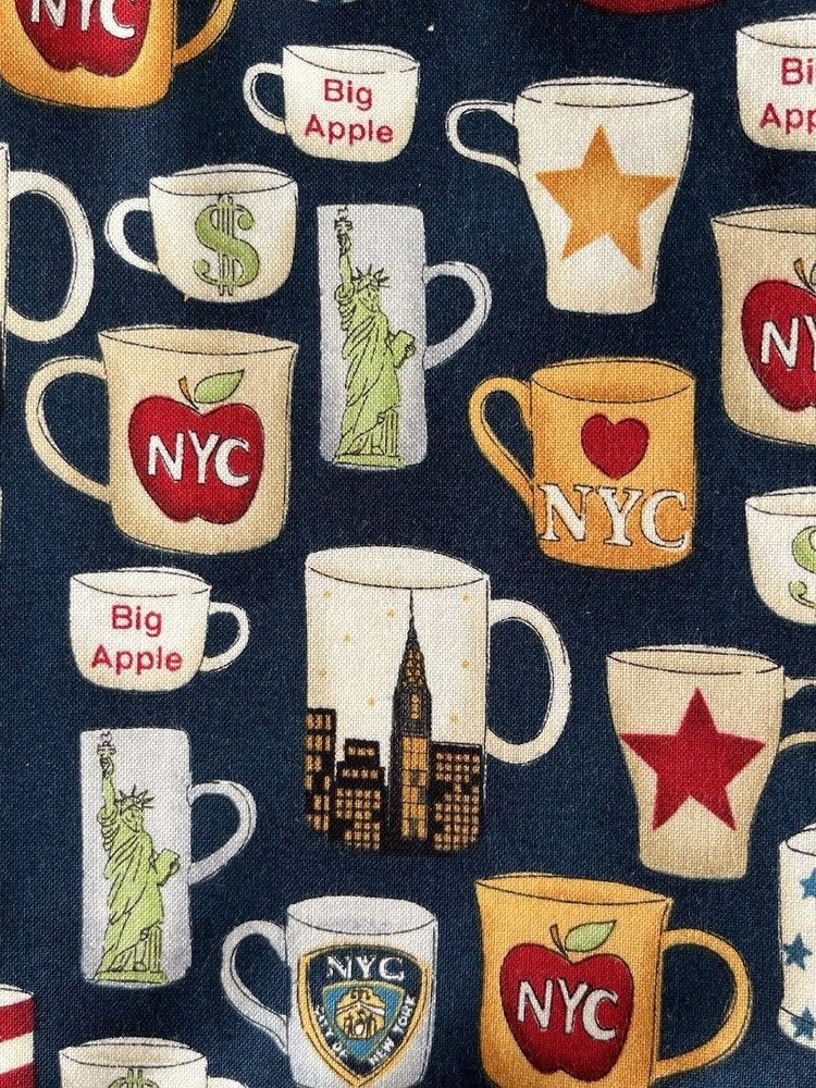 New York City Coffee Mugs Fabric Cotton NYC Symbols. One Yard