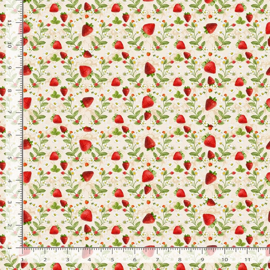 Food Fabric | Berry Sweet Strawberry & Flowers Ecru | Timeless Treasures YARD