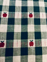 VTG Woven Homespun Country Green & Tan Plaid with Apples Hearts 22″X14″