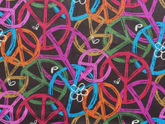 Groovy Peace Symbols Fabric; Brown with Orange, Pink, Green, Red, Yellow. BTHY