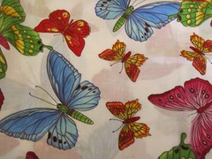 Cotton Fabric Butterflies Red Blue Green On White BTY 56