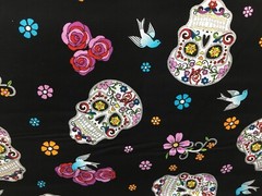 Black Floral Sugar skull day Of The dead Cotton Glitter Fabric, 45″wide, BT yard