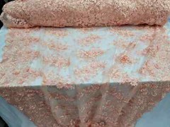 “Peach 3D Floral Beaded Embroidered Lace on Mesh Fabric – Sold by the Yard, Perf