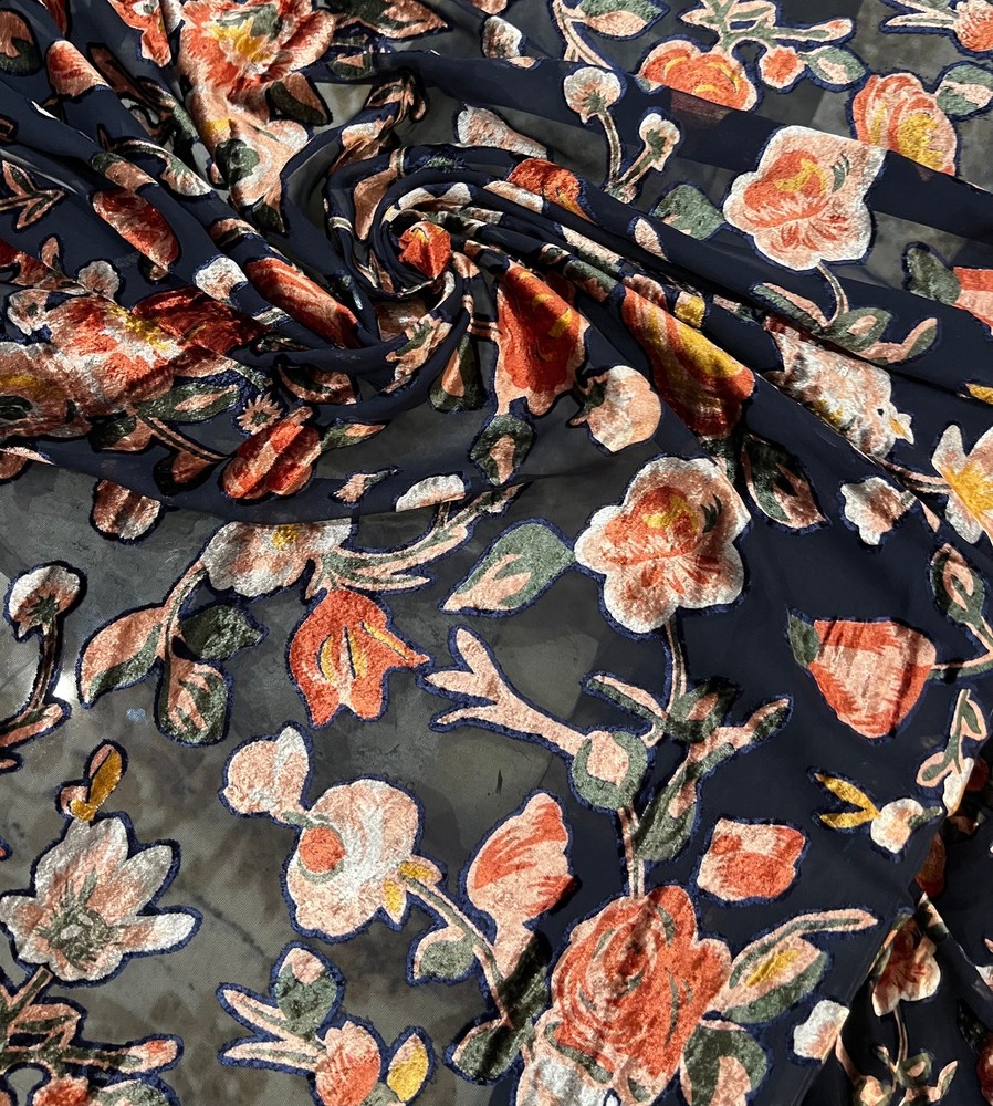Italian designer Chiffon Velvet Burnout Dark navy blue base with copper shades