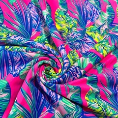 Blue Leaves Hot Pink background Print Nylon Spandex Fabric 4 Way Stretch