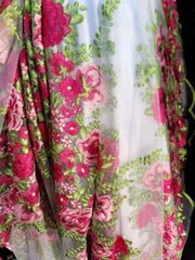 “Fuchsia Floral Lace Fabric on White Mesh with Green Leaf Embroidery – Sold by t