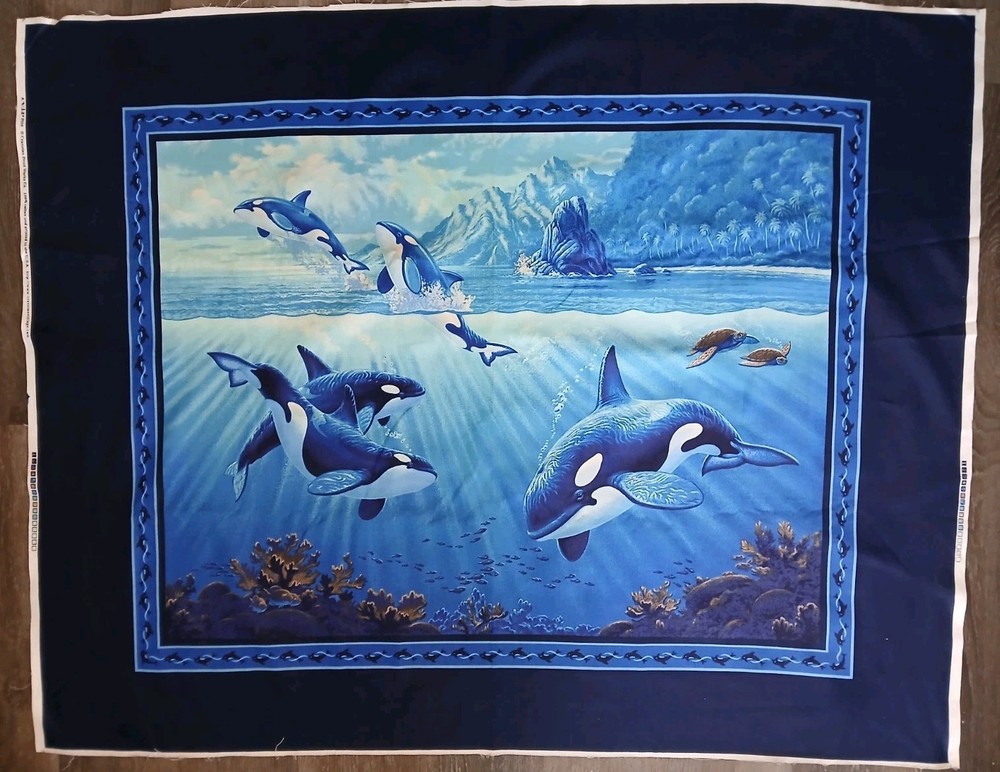 Ocean Killer Whales Cotton Fabric LARGE Panel Mammal Blue Sea Scene 44×35″