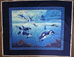 Ocean Killer Whales Cotton Fabric LARGE Panel Mammal Blue Sea Scene 44×35″