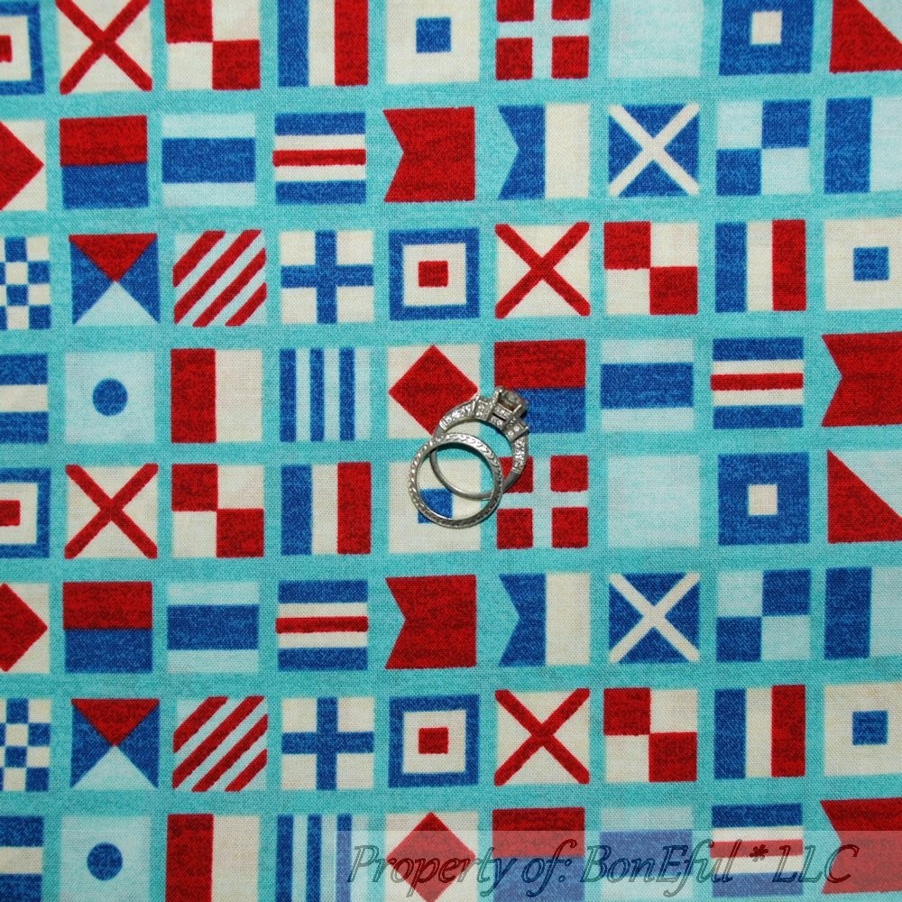 BonEful Fabric Cotton Quilt Blue Red White Nautical Sail Boat Ship Flag US SCRAP