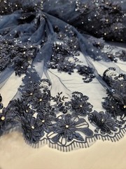Navy Blue 3D Floral Embroidered With Rhinestones Mesh 3d Lace Fabric By The Yard