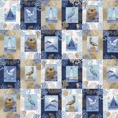 Nautical Fabric | Cobalt Seas Lighthouse Dolphin Boat Block | Henry Glass YARD