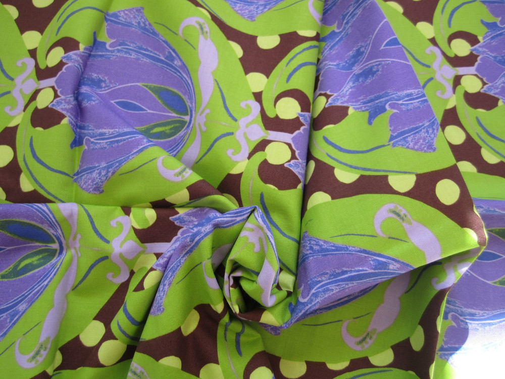 Top Drawer Fabric TD 54 TULIP 2 Yds Green PURPLE BROWN LARGE FLORAL PRINT