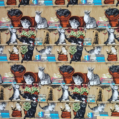 Cats on Book Shelf Vintage Style Cotton Fabric Basket Plant Quilting 4.25 Yards
