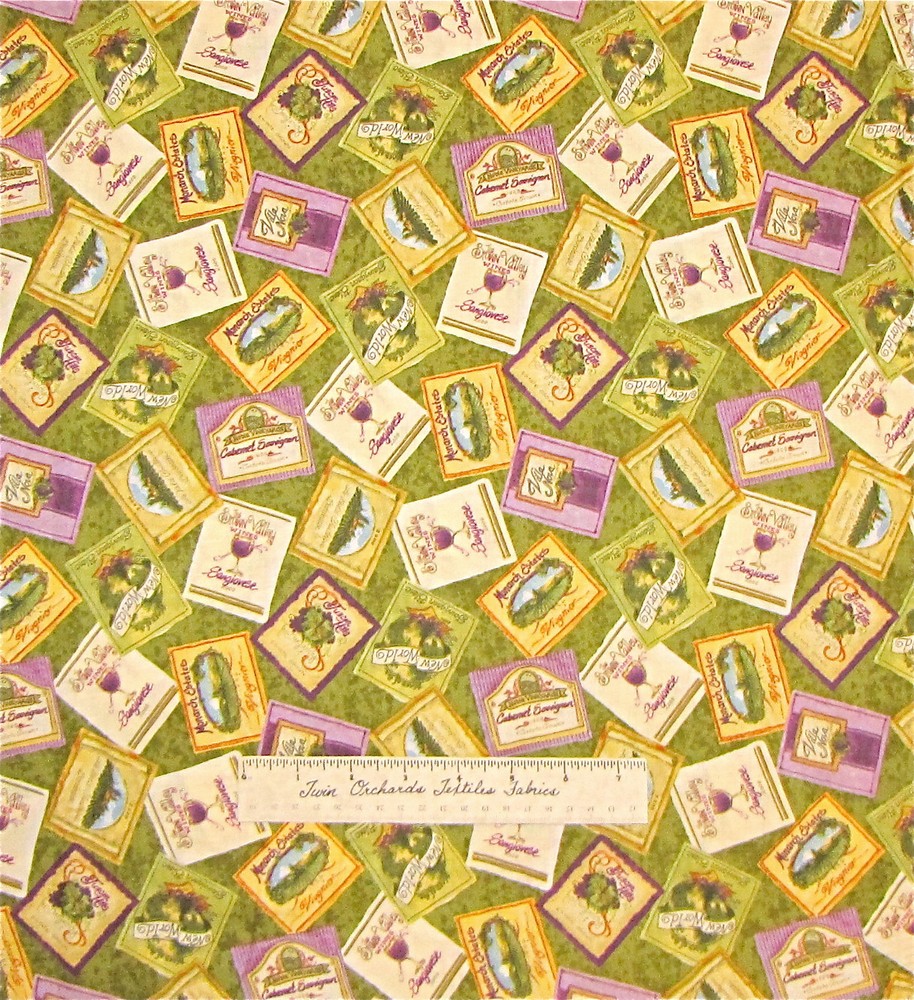 Fabric Country Vineyard Wine Labels Green Purple South Sea Imports Cotton YARD