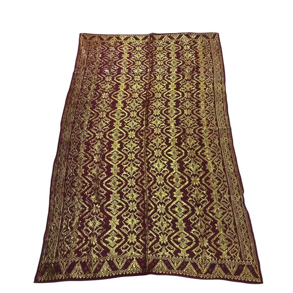 Indonesian Songket Sarong 39×68 Gold Thread Metallic Brocade Maroon